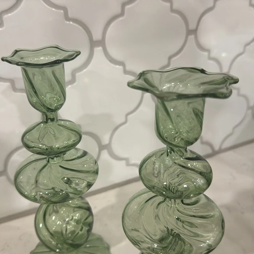 Green Swirl Glass Candlestick, Medium, Set of 2